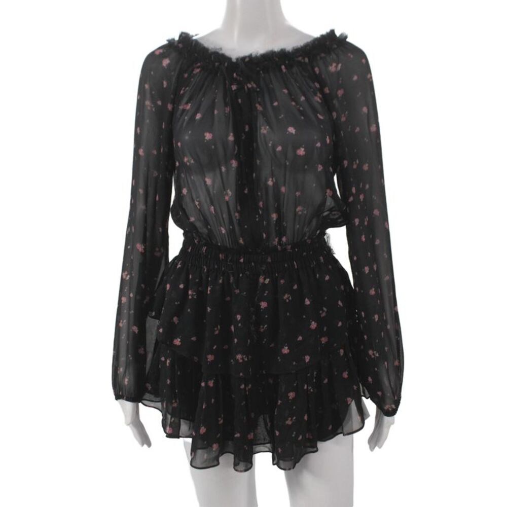 Love Shack Fancy Women Black Floral Silk Blouson Dress Long Sleeve Size XS